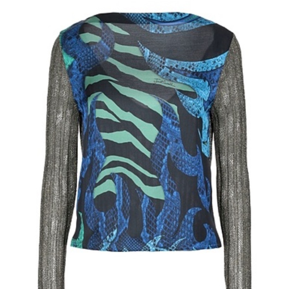 Just Cavalli Blue Green Printed Long-Sleeve Top